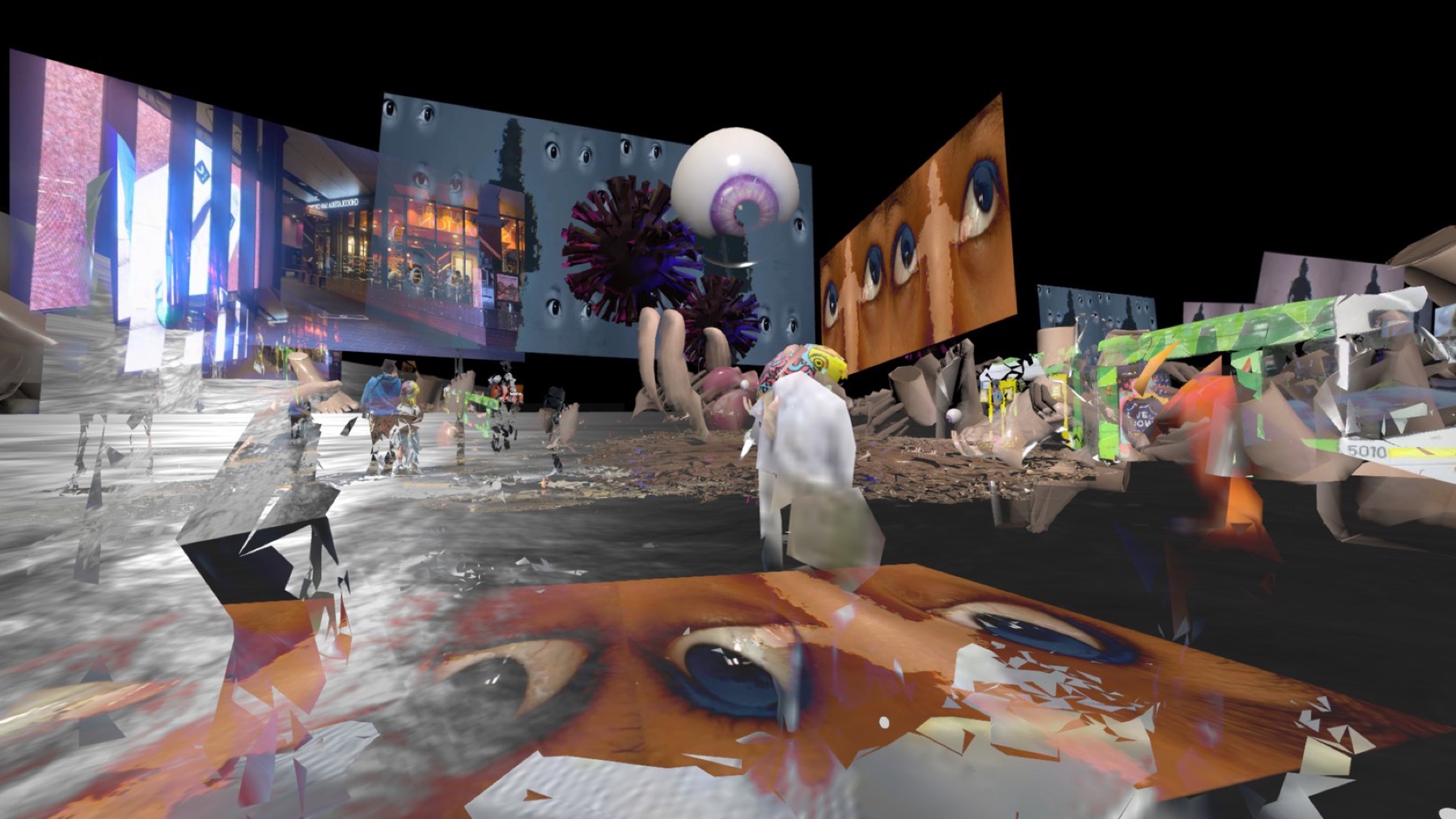 Dystopia Trilogy — a browser-native VR environment of scanned shopfronts and disembodied forms.