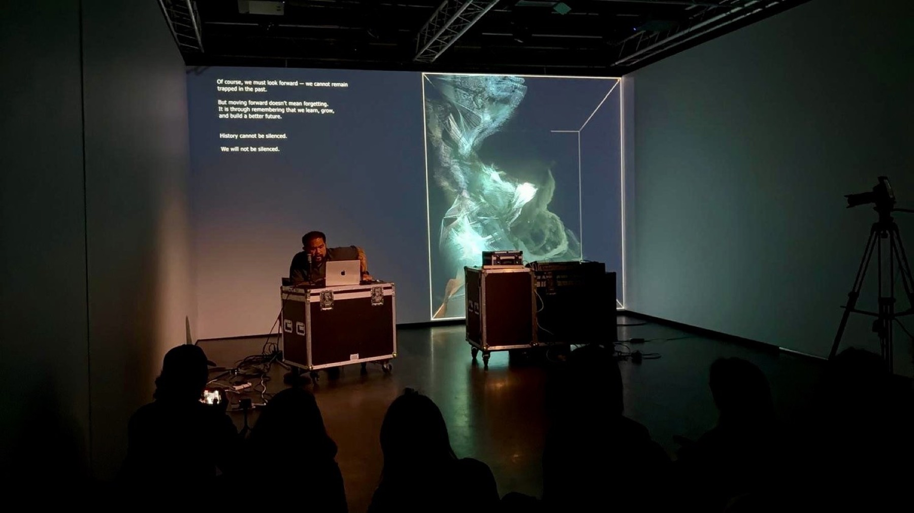 F2 — volumetric point-cloud environment, generative visual register.