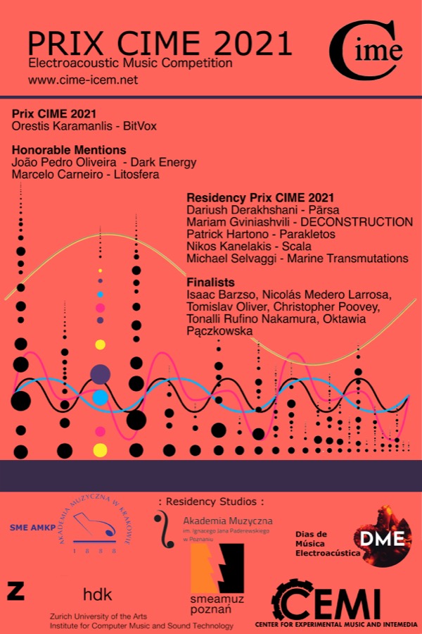 Prix CIME 2021 results poster naming Patrick Hartono for Parakletos in the Residency Prix CIME category.