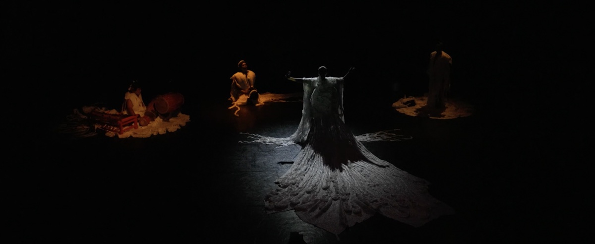 Queers of Java — a performer in a long white fringed train, arms outstretched, other performers seated in shadow behind.