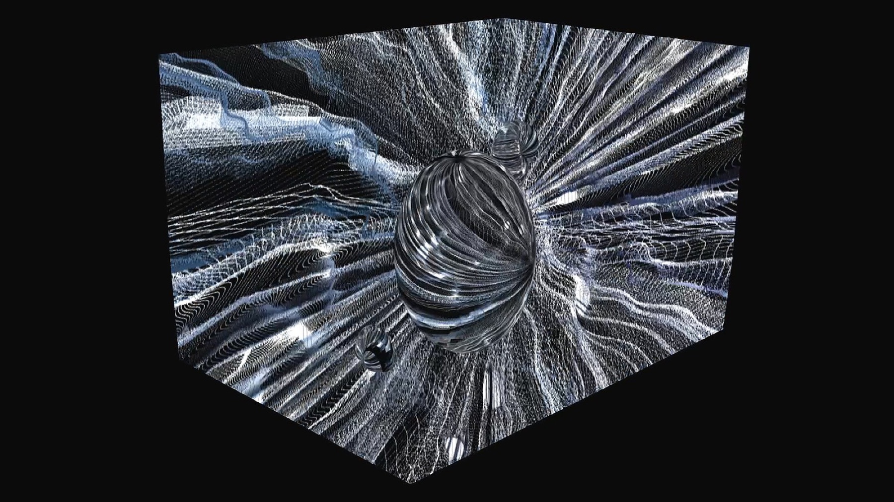 SpecGliFed — corner-mapped projection, two adjoining wall surfaces treated as one continuous image.