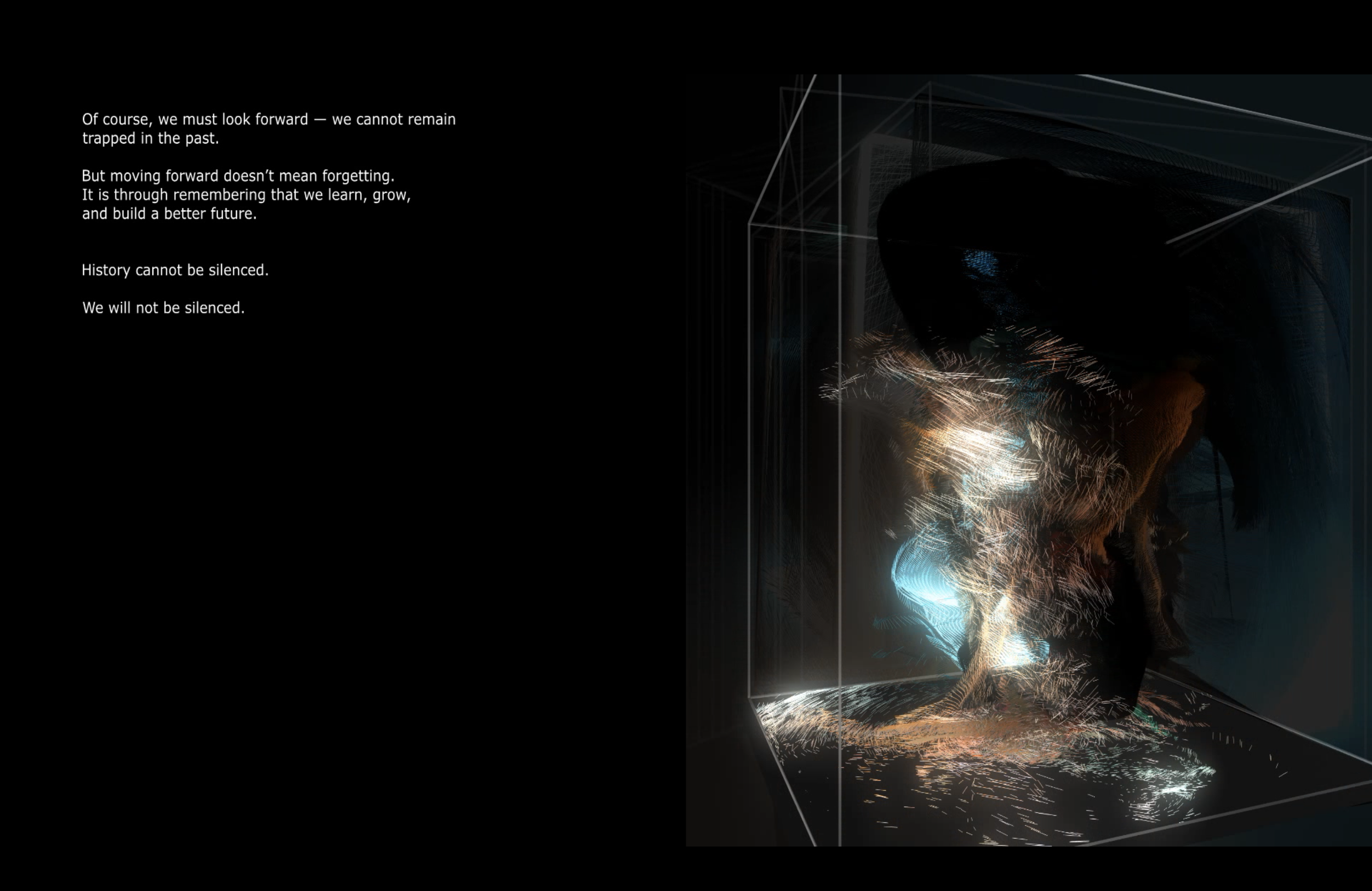 F2 still — closing testimony text on the left, glowing point-cloud figure inside a wireframe cube on the right