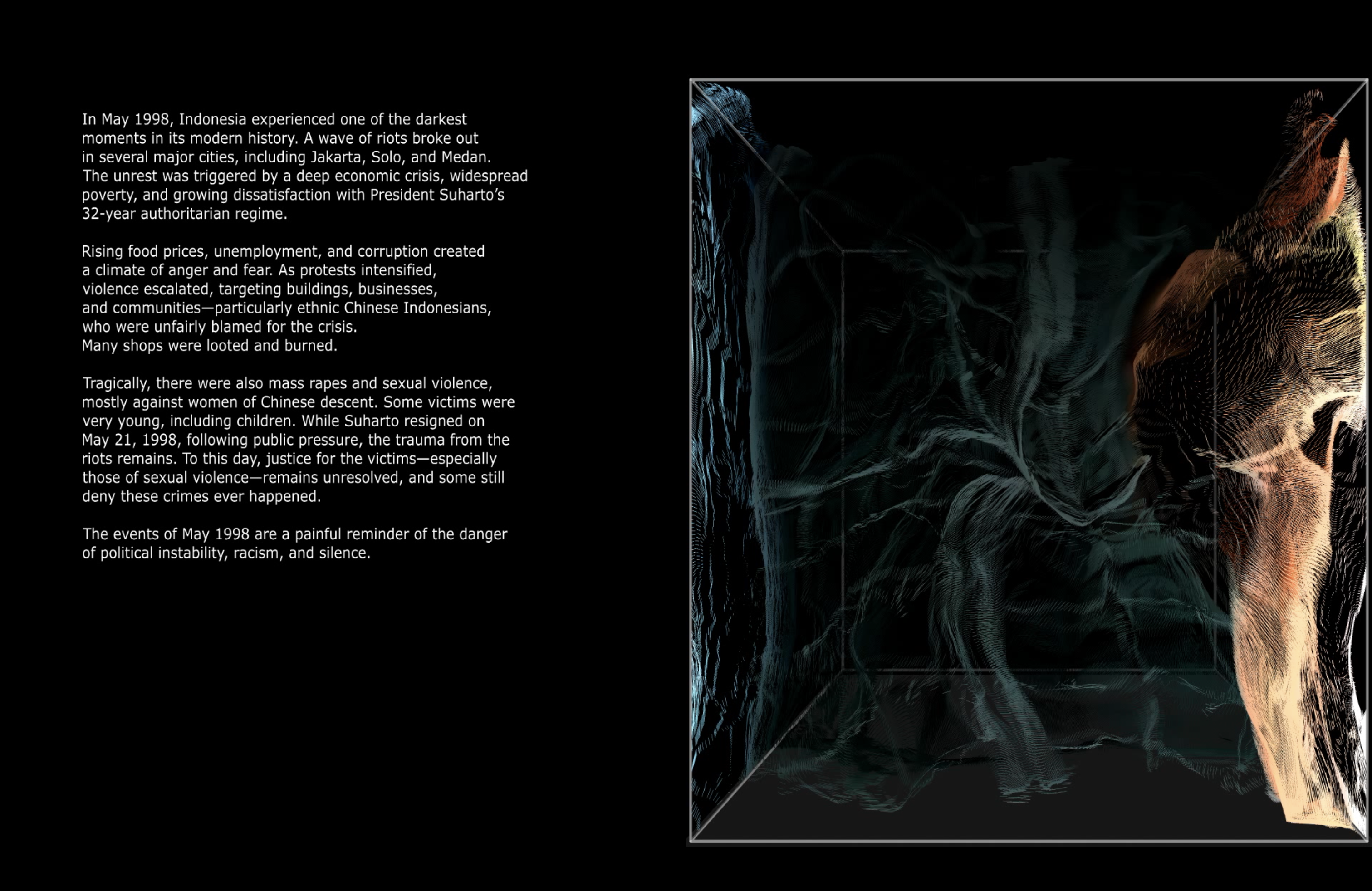 F2 still — May 1998 testimony text on the left, glowing 3D point-cloud form on the right inside a wireframe cube