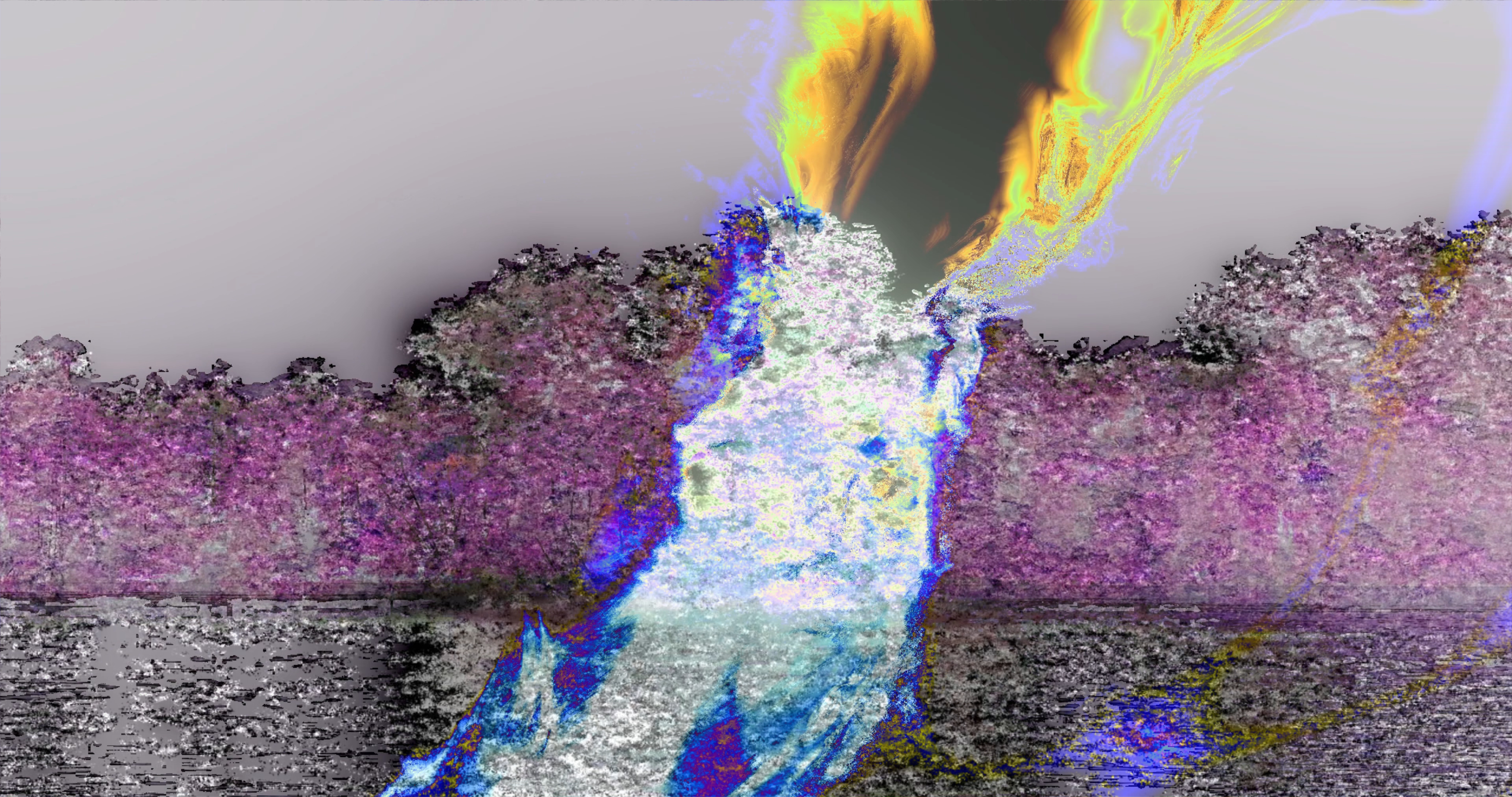 Hutan Plastik — still from the work: a glitched, posterised landscape with burning flames above a forest line