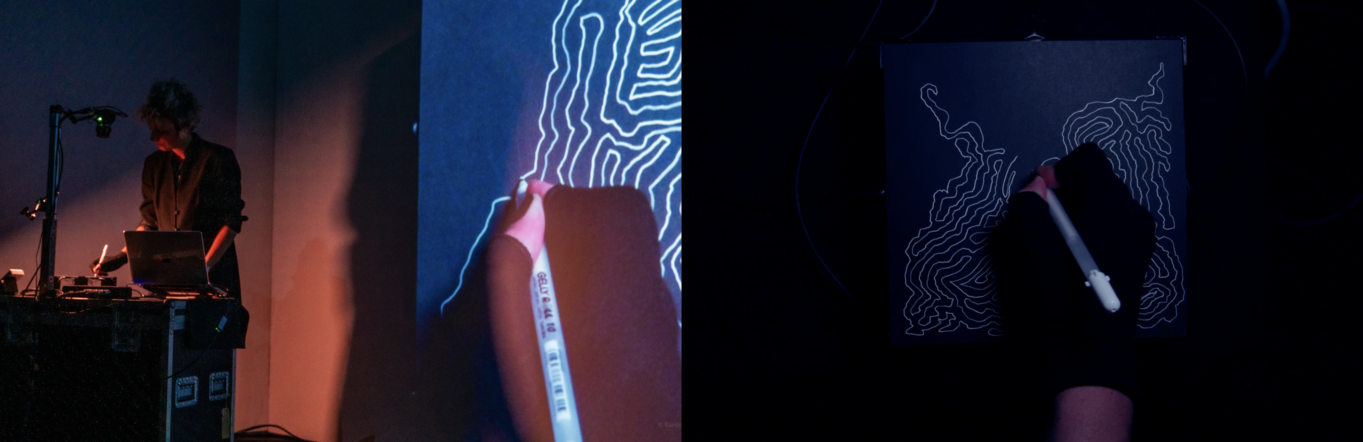 Linea Viva — performer at laptop console drawing into a canvas with a light-pen; projected contour lines glow against a deep blue field