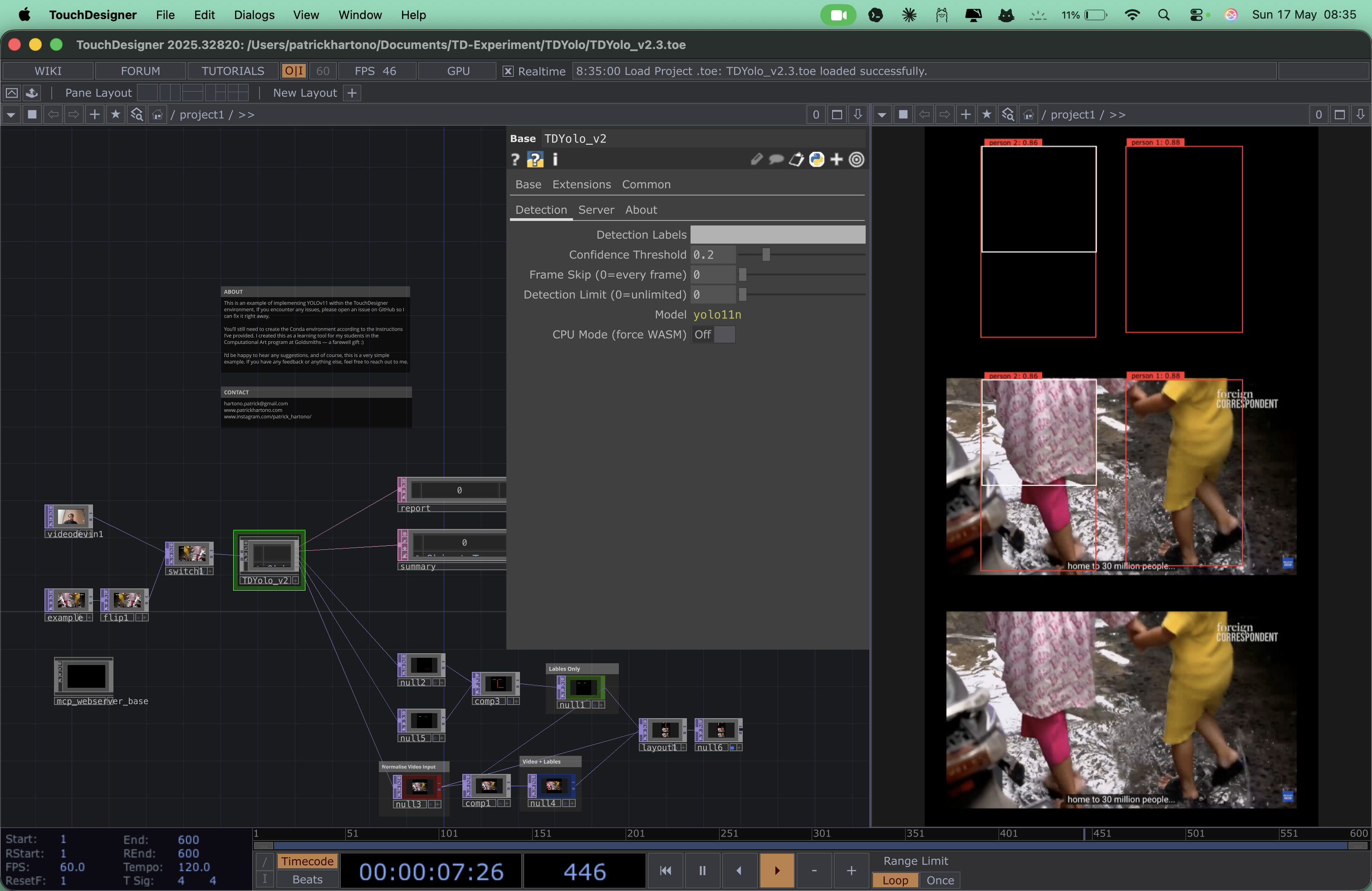 TDYolo running inside TouchDesigner — node network on the left, detection parameter panel in the centre, four live detection output panels on the right with bounding boxes overlaid on a video feed