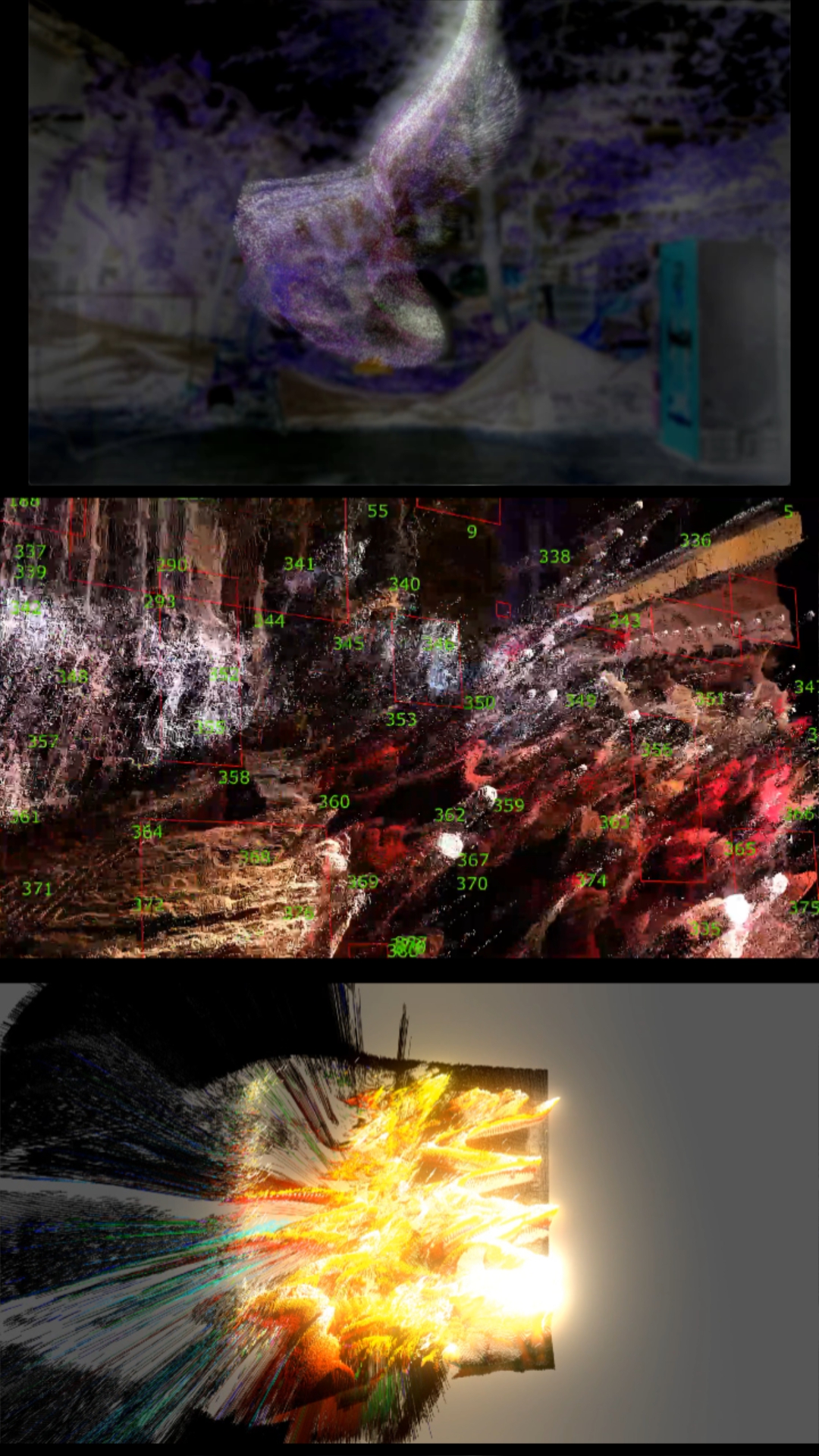 tricity-flux — stacked stills: point cloud figure, object-detection bounding boxes over abstracted scene, particle explosion